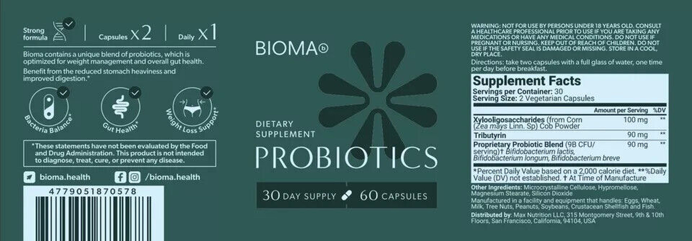 Bioma Probiotics for Digestive Health 3 in 1 Gut Health Probiotic 60 Capsules